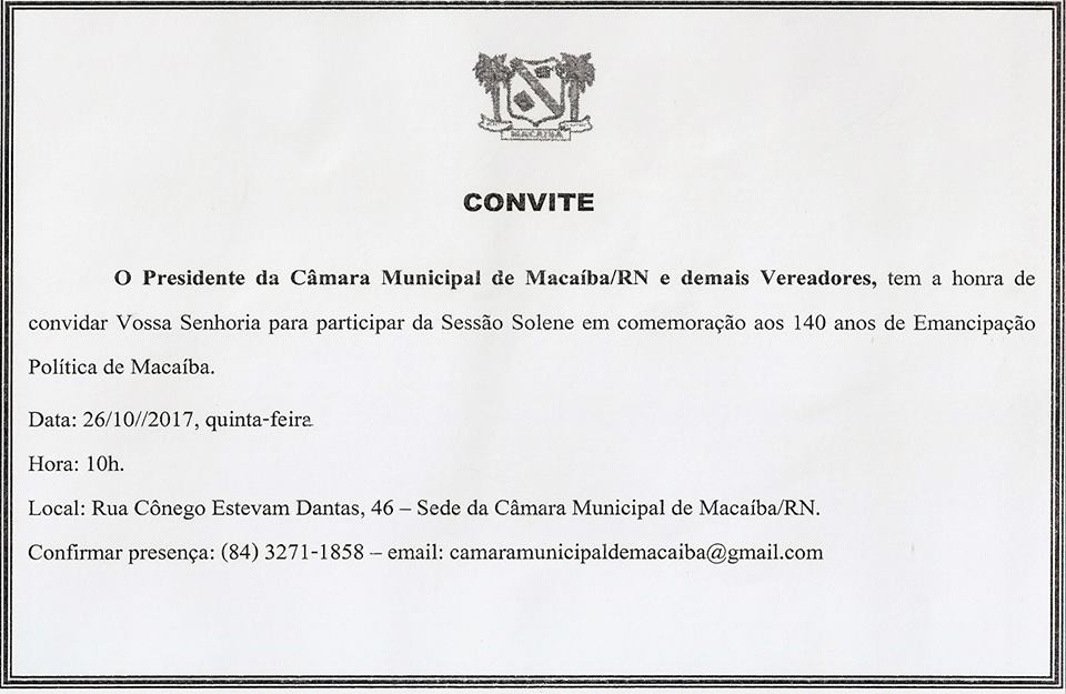 Convite: Nesta Quinta-feira (26),Haverá sessão solene na Câmara Municipal de Macaíba, As 10h.
