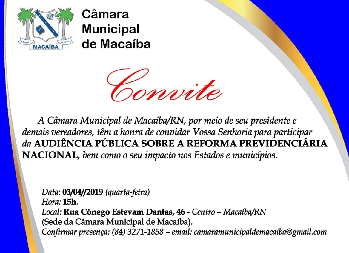 Audiência Pública nesta quarta-feira (03/04/2019) a partir das 15h, na câmara municipal com o tema (Reforma Previdenciária Nacional)